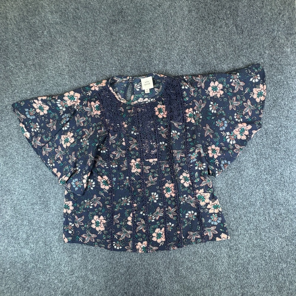 Knox Rose Blouse Top Womens Small Blue Pink Floral Crochet Lace Flutter Sleeve